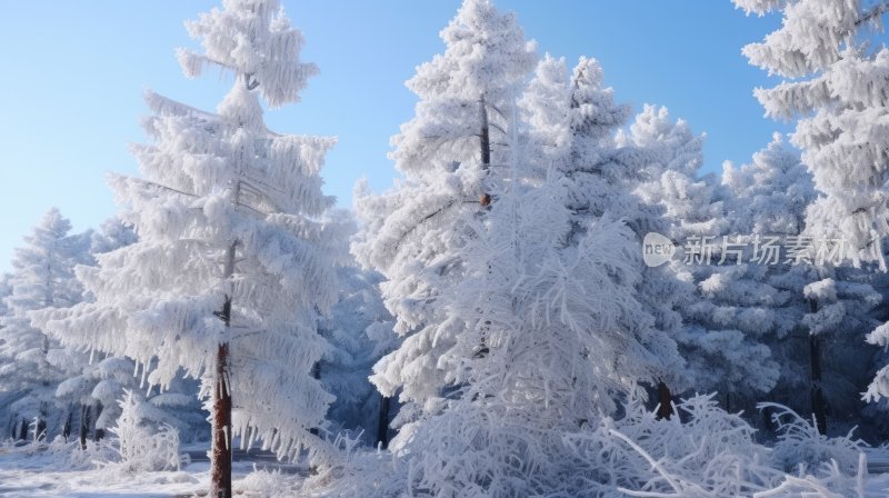 冬季雪山林中被冰雪覆盖着的树