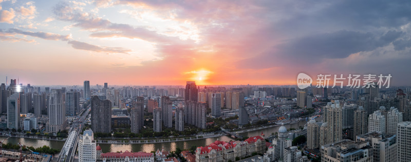 天津海河风景奥式风情区城市日落风光航拍