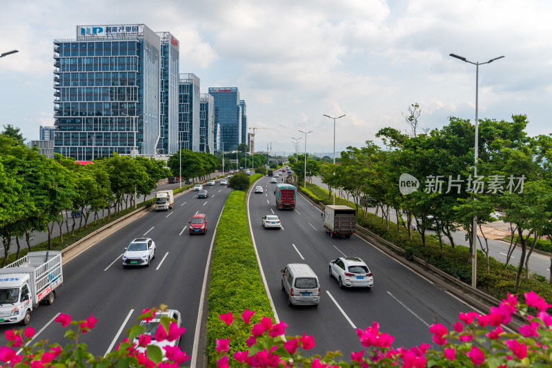 城市道路车流与高楼景观