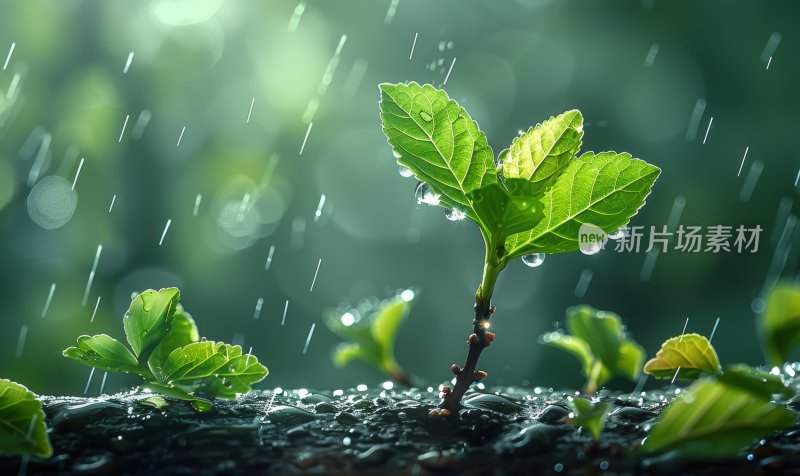 绿叶新芽春雨发芽小雨绿色生态背景