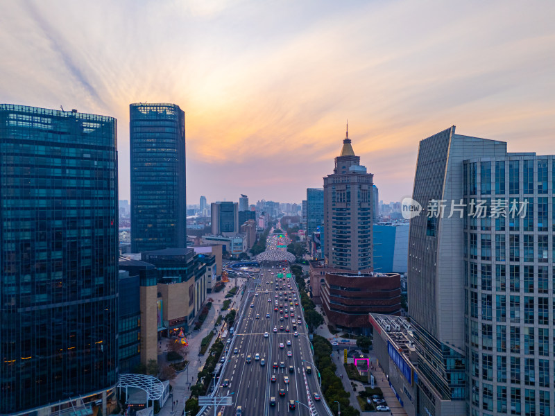 航拍上海杨浦区五角场日落美景