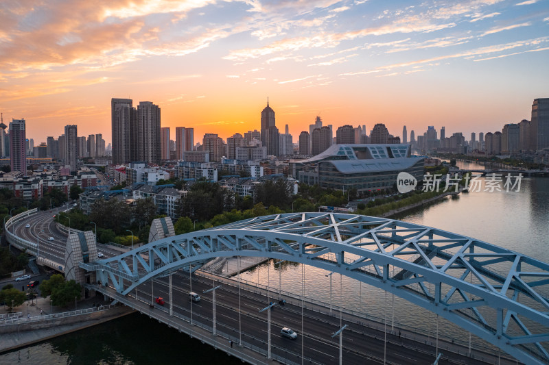 天津海河风景线国泰桥城市建筑日落夜景航拍