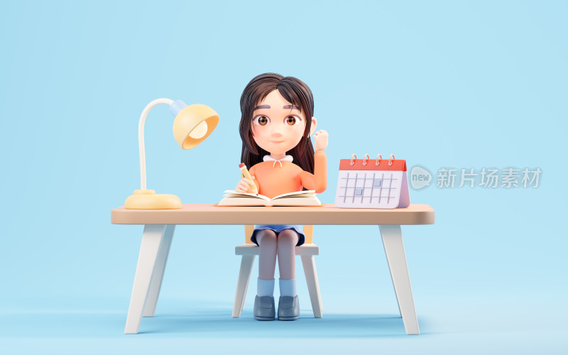 认真学习的卡通女孩3D渲染