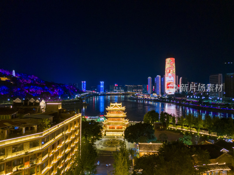 四川宜宾和江楼夜景航拍图