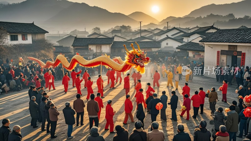 街头人群舞龙喜庆场景二月二龙抬头民俗活动