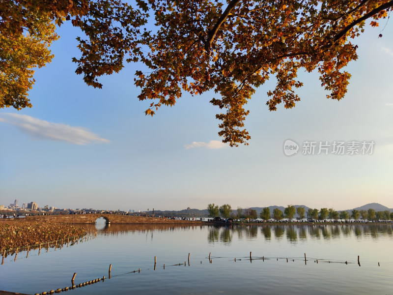 杭州西湖断桥湖畔黄昏夕阳下的景色