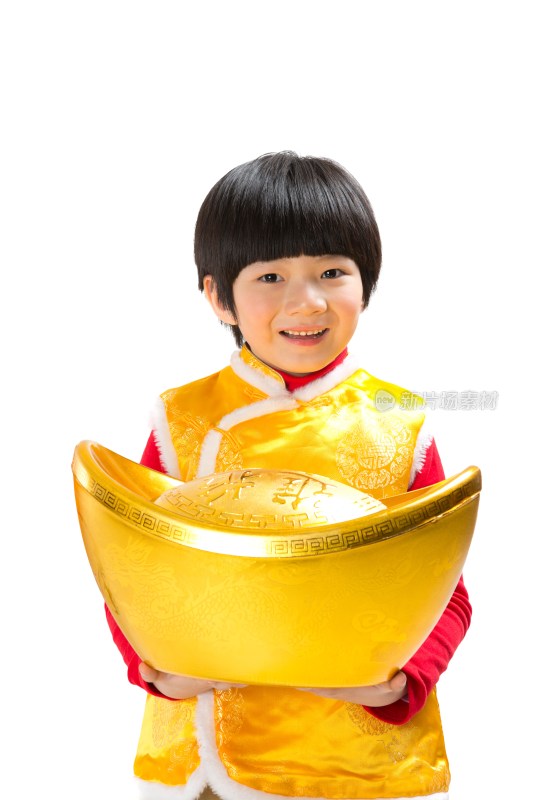棚拍中国新年唐装儿童抱着金元宝