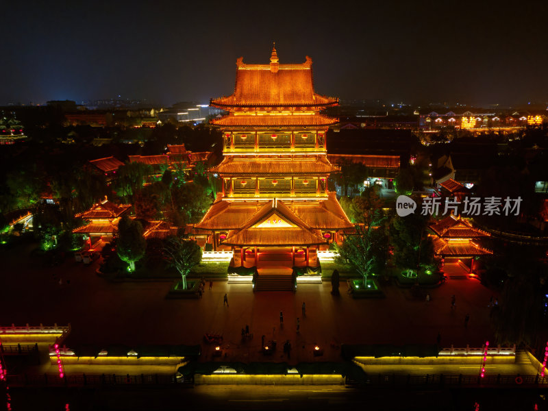 航拍台儿庄古城之复兴楼复兴广场夜景