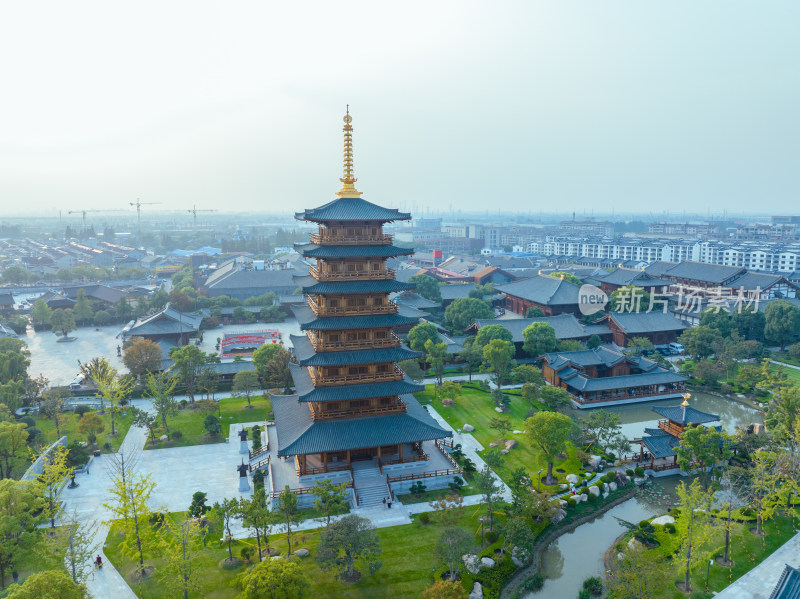 航拍上海宝山寺佛教寺院自然风光