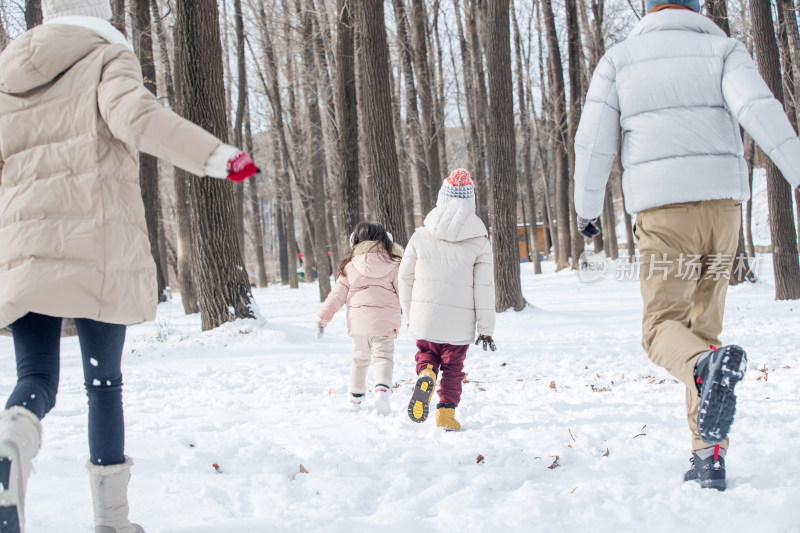 欢乐家庭在雪地里奔跑