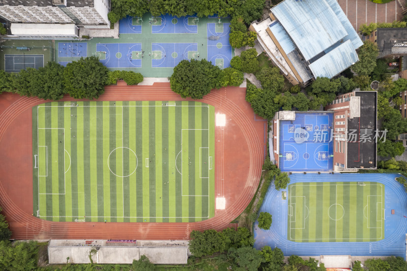航拍学校足球场及周边运动场地