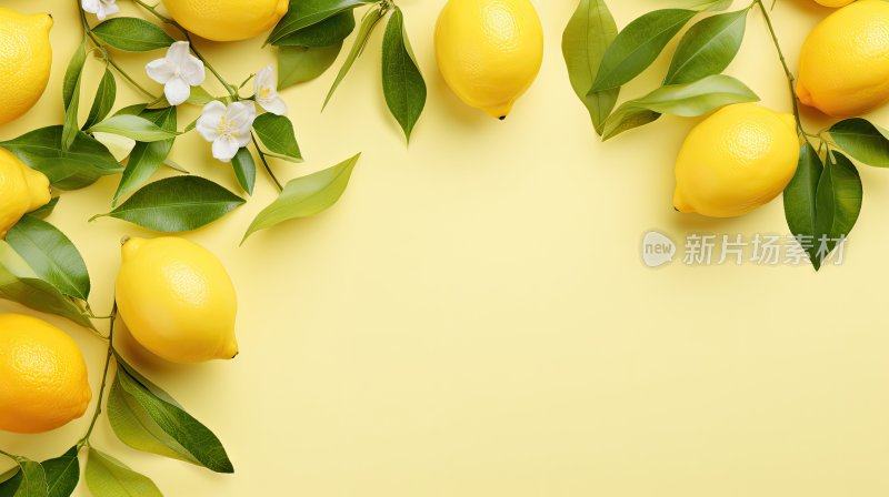 创意水果图片，新鲜的黄色柠檬与叶子背景