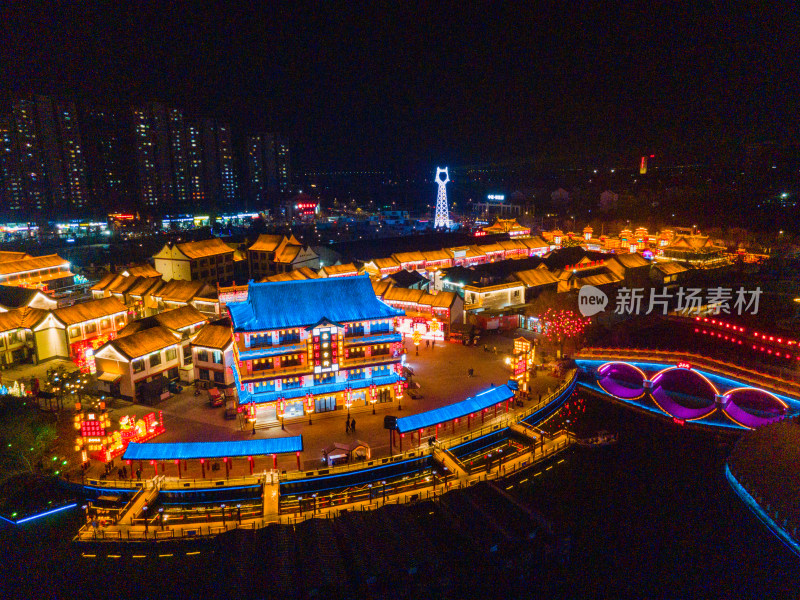 曲阜蓼河古街古建街区夜景航拍