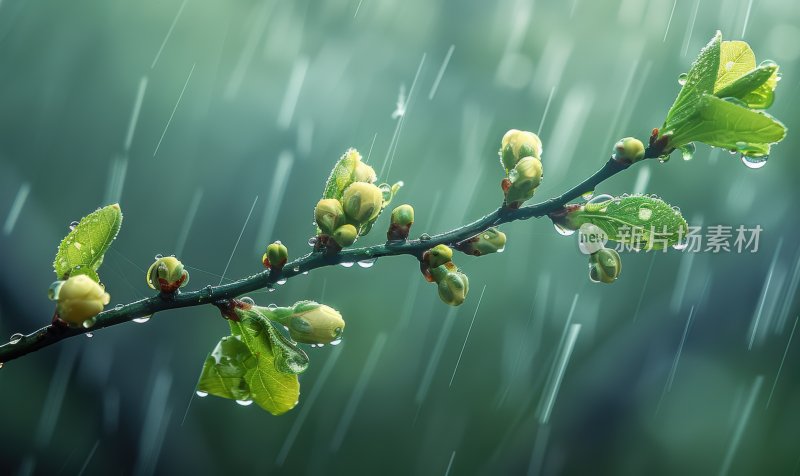 树枝绿叶春雨发芽水珠绿色生态背景