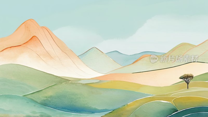抽象简约彩色山水线条插画