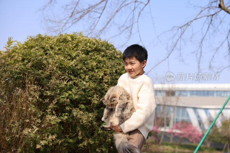 一个小男孩与宠物猫互动的温馨场景