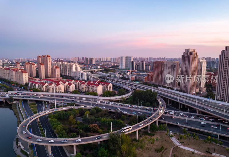 天津海河海津大桥沿岸城市建筑日落风光夜景