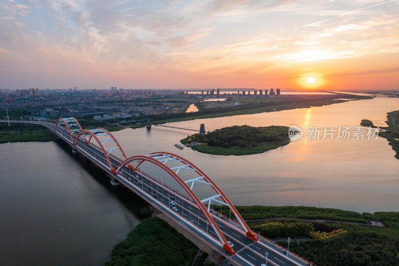 天津滨海生态城永定新河彩虹桥城市风光航拍