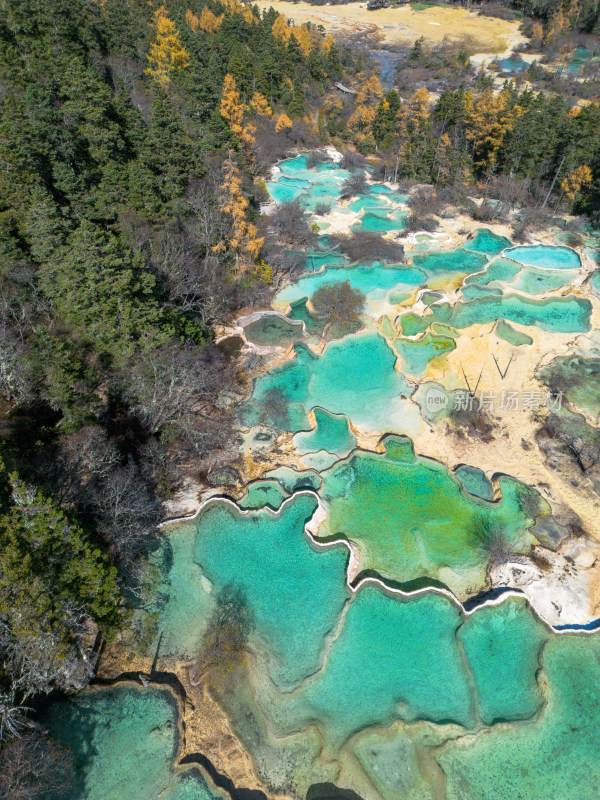 四川黄龙景区航拍五彩池争艳池钙化池