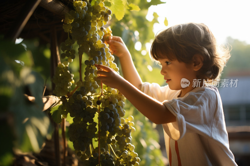 可爱小孩在农场果园采摘葡萄