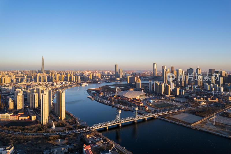 天津滨海新区海河塘沽湾城市风光航拍