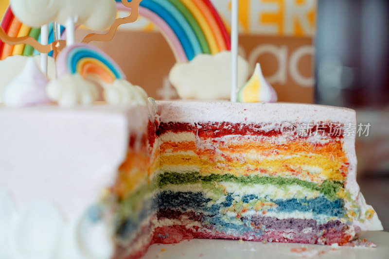 切开的多层彩虹生日蛋糕高糖食品