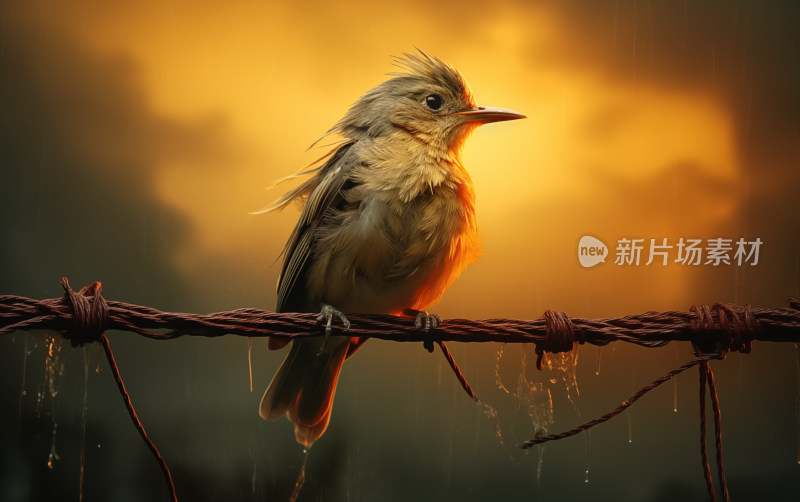 暴风雨中的宁静黄昏时分的小鸟与细雨的交响