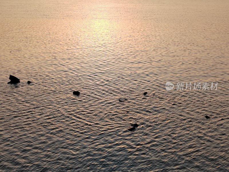 水面上散布石块的夕阳水景