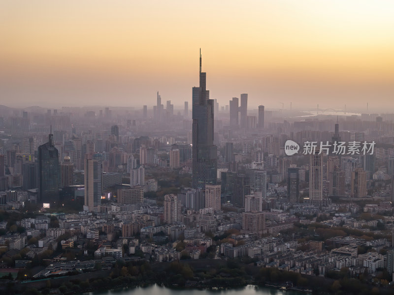 江苏南京CBD紫峰大厦建筑群日落夜景航拍