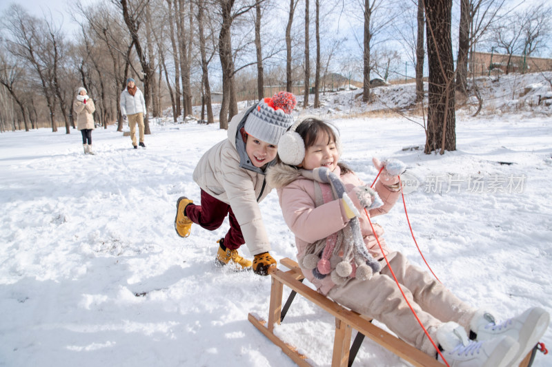 欢乐家庭在雪地上玩雪橇