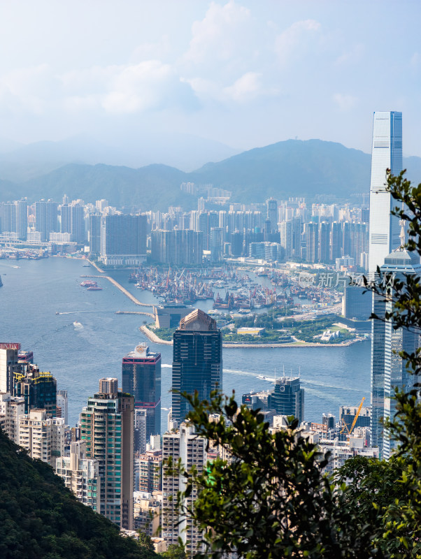 从太平山顶俯瞰香港维多利亚港和城市天际线