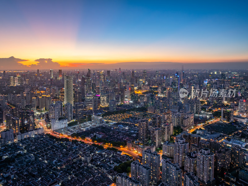 航拍上海浦西CBD高楼群夜景亮化