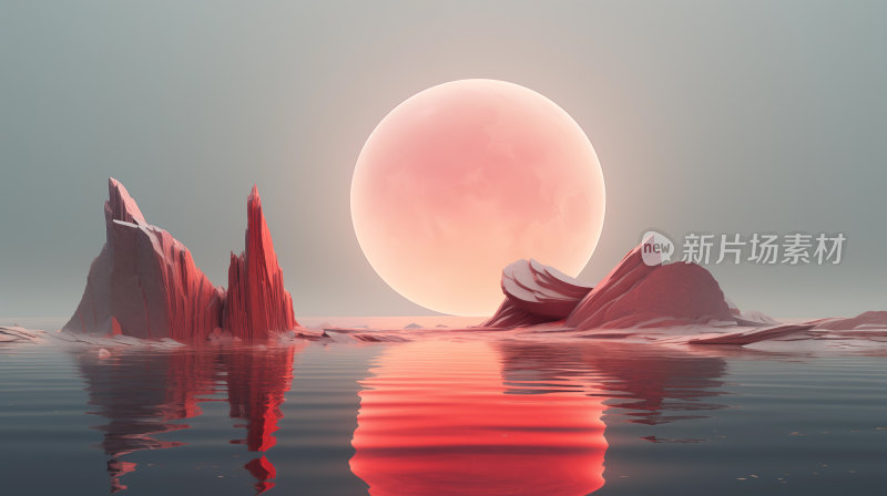 霞光映红月巨大的粉红色月亮悬挂在苍穹之中