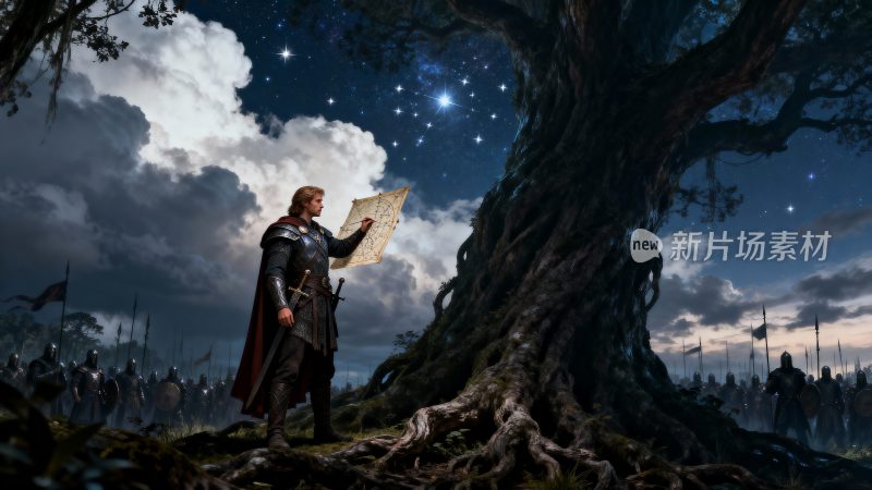 中世纪战士树下查看地图场景