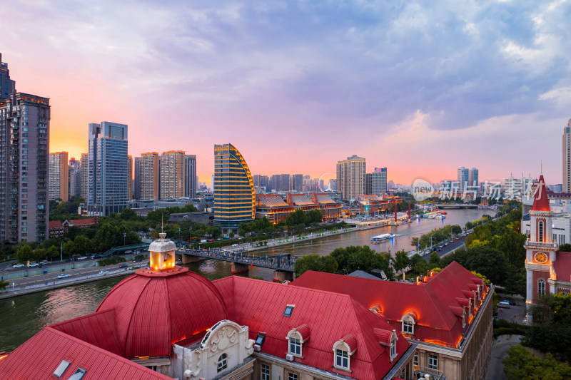 天津海河古文化街码头城市夜景风光航拍