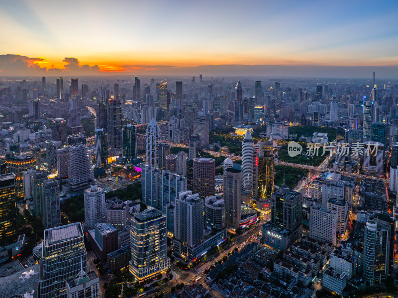 航拍上海浦西CBD高楼群夜景亮化