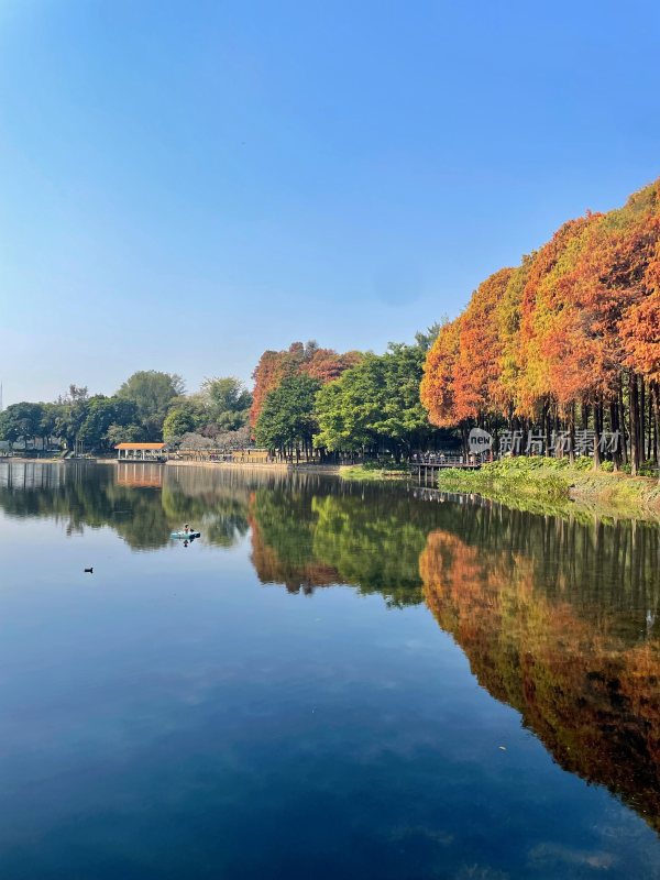 秋日湖边倒影美景