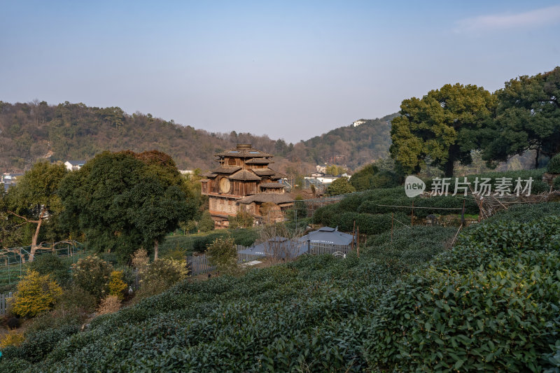 浙江杭州西湖龙井茶园古建筑茶田宁静风光