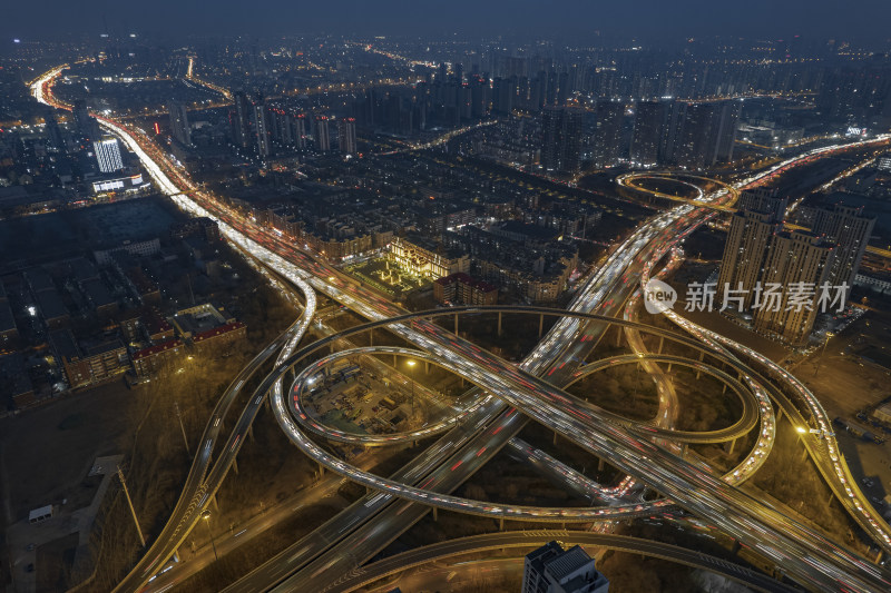 晚高峰天津立交桥车流街道交通夜景航拍