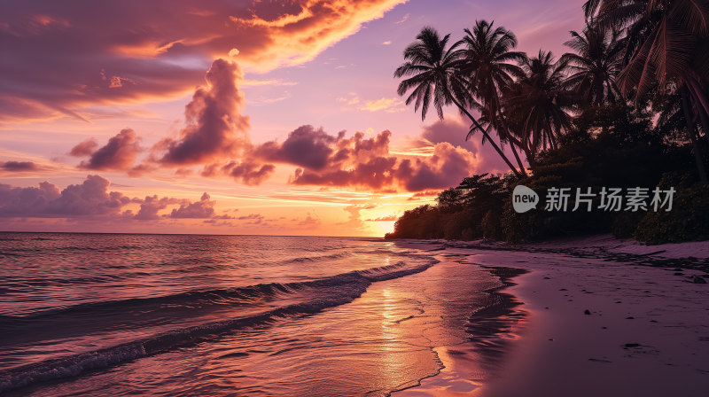 海滩日落时分的宁静美景椰树剪影与晚霞