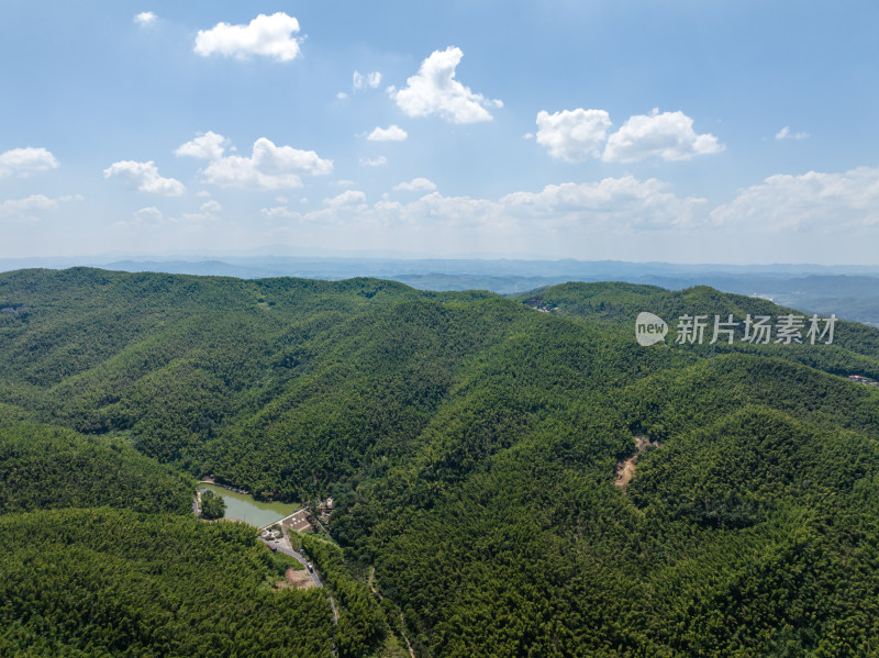 蓝天白云下航拍蔡伦竹海、层峦叠嶂的远山