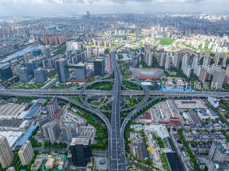 航拍上海上海汶水路南北高架中环路立交桥