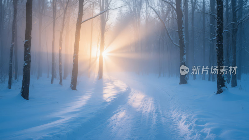 冬季森林雪景日出唯美治愈背景图