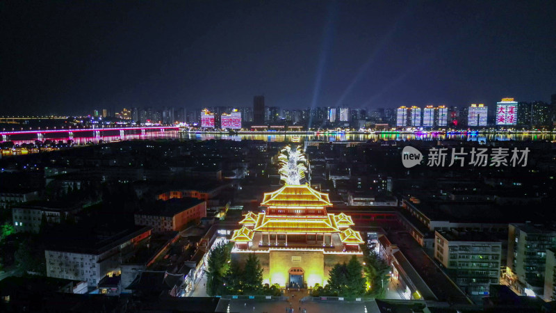 航拍湖北襄阳古城夜景襄阳北街