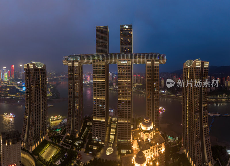 重庆朝天门来福士办公楼商场日落夜景航拍