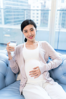 年轻孕妇在沙发上喝牛奶