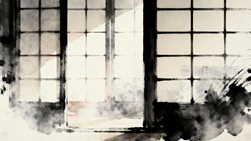 水墨风格中式窗户光影画面