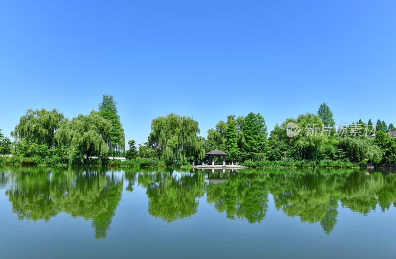 生态环境保护，晴朗天空下的湖水绿树