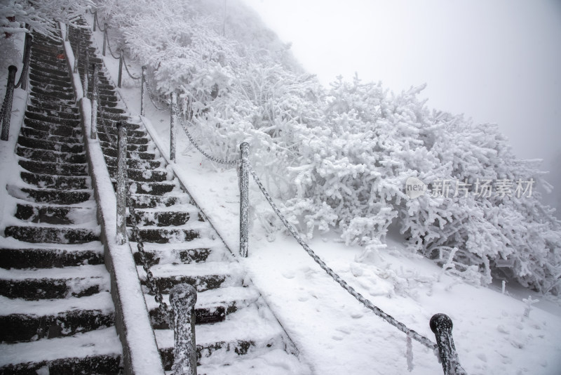 寒冷冬天大雪登山台阶