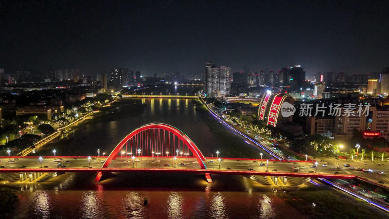 四川德阳彩虹桥夜景灯光航拍图